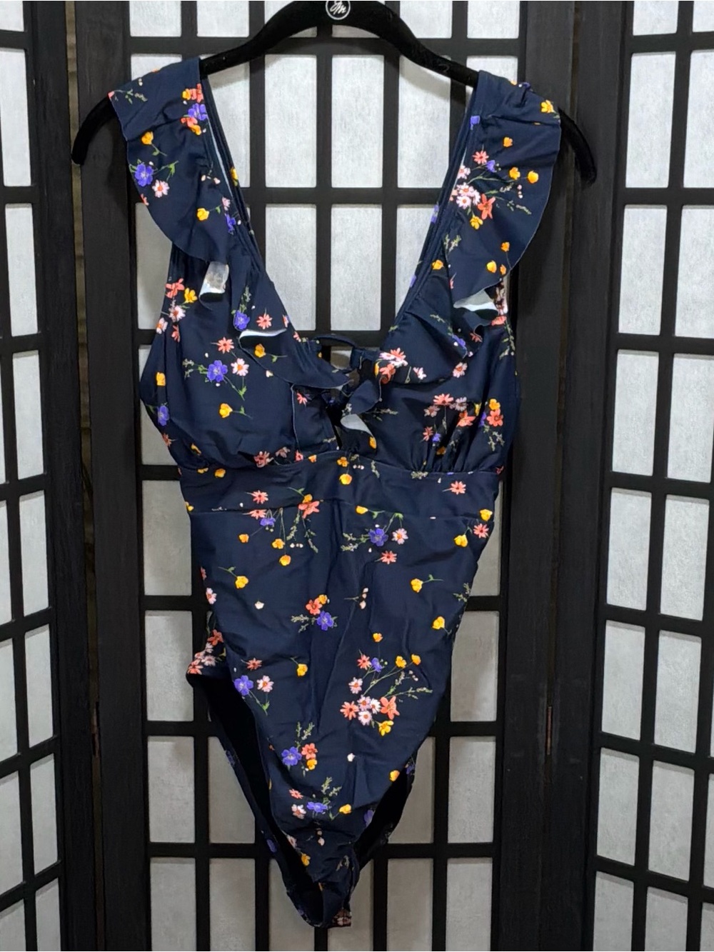 Cupshe Navy Floral Tummy Control One Piece Swimsuit Ruffle Sleeve Women’s XL